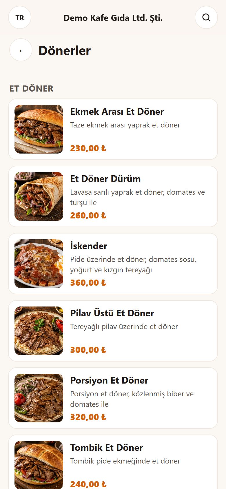 QR menüde kategori sayfası