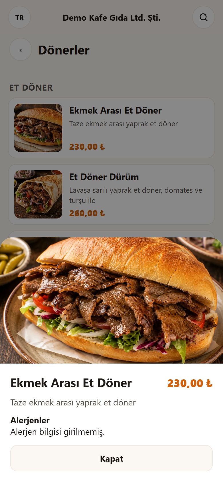 QR menüde ürün detayı