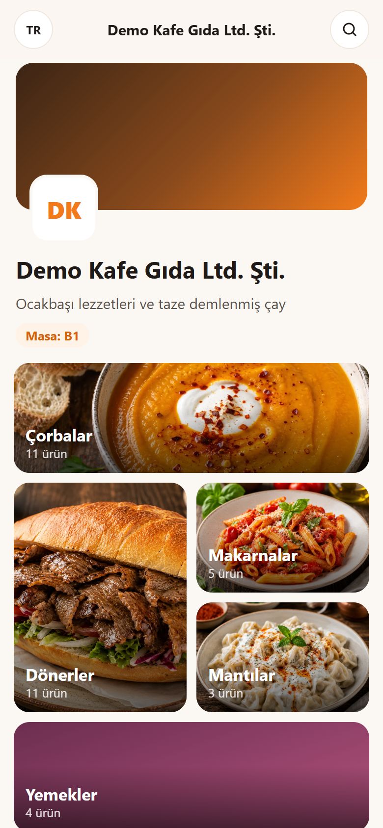 Telefonda QR menü: kapak fotoğrafı ve fotoğraflı kategoriler